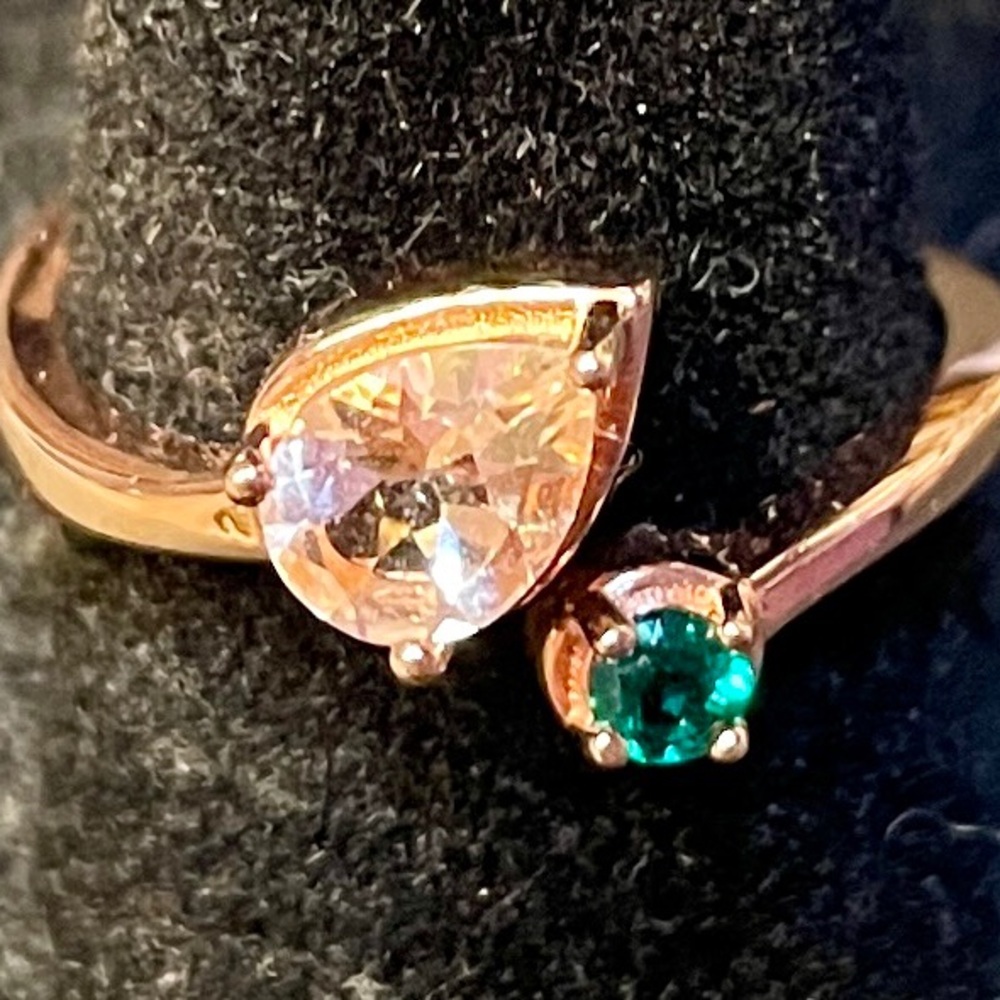 Peach Morganite w/Lab Created Emerald 18k Rose Gold Over 925 Silver Ring 0.62ctw - Picture 2 of 7